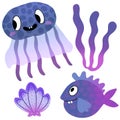 Cartoon fish set jellyfish and shall and coral for fabrics and wrapping paper and kids clothes print Royalty Free Stock Photo