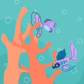 Cartoon fish swimming in coral reef. Underwater tropical inhabitants, marine fauna. Sea cute animals. Aquarium decor