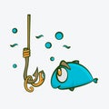 Cartoon fish and worm characters on a fishing hook Royalty Free Stock Photo