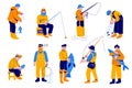 Cartoon fisherman. Different cartoon men characters with big fish, people with fishing rods and nets, special hunting