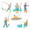 Cartoon fisherman. Man in boat holding rod. Fisher catching fish, set of vector characters