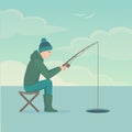 Cartoon fisherman, man cath fish on fishing rod