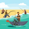 Cartoon fisherman standing in hat and pulls net on boat out of sea, happy fishman holds fish catch and spin vecor