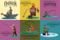 Cartoon fisherman standing in hat and pulls net on boat out of sea, happy fishman holds fish catch and spin vecor