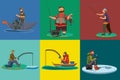 Cartoon fisherman standing in hat and pulls net on boat out of sea, happy fishman holds fish catch and spin vecor