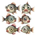 Cartoon fishes with big eyes, character design, different poses and emotions, isolated on white background