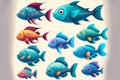 Cartoon fishes set isolated design elements, animals, marine life