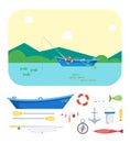 Cartoon Fishing Boat on Landscape and Gear Set. Vector Royalty Free Stock Photo