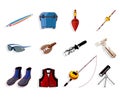 Cartoon fishing equipment tools icon set ,