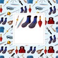 Cartoon fishing equipment tools seamless pattern