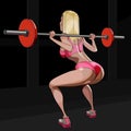 Cartoon fitness girl doing barbell squat exercise