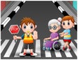 Cartoon flagger and boy helps grandma in wheelchair crossing the street Royalty Free Stock Photo