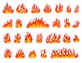 Cartoon flame. Bonfire flames, fireballs, burning candle or torch flame, blazing fire. Comic red or orange hot flaming