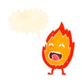 cartoon flame character with speech bubble