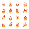 Cartoon flame collection. Hot fire flames, isolated glowing red heat. Heating graphic elements, torch effect. Bonfire