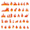 Cartoon flame. Fire fireball, red hot campfire, yellow heat wildfire and bonfire, burn power fiery silhouettes isolated