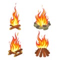 Cartoon flame. Tourist summer bonfire. Forest fireplace with burning logs, night camp bright orange and yellow flaming