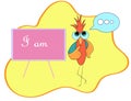 Cartoon flamingo bird is thinking at a lesson, education progress, preschool illustration, first English class
