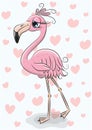 Cartoon flamingo on a hearts background