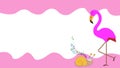 Cartoon flamingo and snail on banner dripping wave pink. There is white space for the text