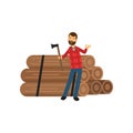 Cartoon flat bearded lumberjack standing near pile of logs with ax, other hand showing ok sign