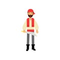 Cartoon flat bearded pirate character standing with saber in hand, ship s crew member