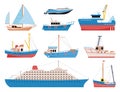 Cartoon flat boats and ships. Fishing and travel ship, trawlers and yachts. Sea or ocean adventures and transportation