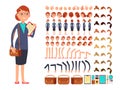 Cartoon flat businesswoman vector character constructor with set of body parts and different hand gestures