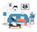 Cartoon flat cats on the sofa on white background