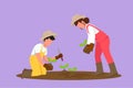 Cartoon flat character style drawing happy couple farmers planting plant shoots in the ground. Start the planting tree period.