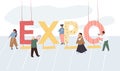 Cartoon flat characters and big text lettering 'expo',vector illustration concept