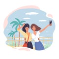 Flat cartoon characters take pictures on travel vacation, vector illustration concept Royalty Free Stock Photo