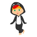 Cartoon flat child in a penguin costume. ÃÂ¡ute standing little baby in kigurumi