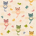 Cartoon flat colorfull funny cute seamless pattern with a cats and butterflys.For printing baby textile, fabrics, design