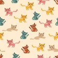 Cartoon flat colorfull funny cute seamless pattern with a cats .For printing baby textile, fabrics, design, decor, gift