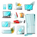 Cartoon flat consumer electronics home appliances with different damages,vector set.Broken household goods-mobile phone Royalty Free Stock Photo