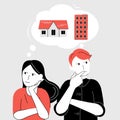 Cartoon flat couple thinking about apartments vector