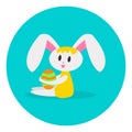 Cartoon flat cute sitting bunny holding an Easter egg. Design for easter. Royalty Free Stock Photo