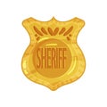 Cartoon flat design of golden jetton with engraved word sheriff, brass policeman emblem