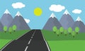 Cartoon flat design illustration of the asphalt road leading landscape with grass and trees in the mountains with snow under blue