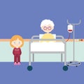 Cartoon flat design illustration of old and sick woman lying on bed in hospital. Granddaughter or young girl visiting, vector Royalty Free Stock Photo