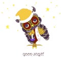 Cartoon flat design violet and yellow owl with pillow and light candle, typography banner Good night