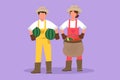 Cartoon flat drawing couple farmers carrying basket full of bananas, apples, watermelons. Picking fresh fruit from harvest.