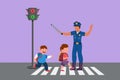 Cartoon flat drawing elementary school students crossing road on zebra crossing are helped by traffic police holding stop signs.