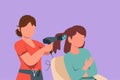 Cartoon flat drawing of happy young woman in hair salon. Going for change of style, discussing hairstyling with her hairdresser