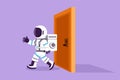 Cartoon flat drawing of young astronaut walking and leaving closed door in moon surface. Career growth or vision in new market