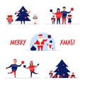 Cartoon flat family characters winter holidays,popular mascots Santa Claus,Snowman-Merry Christmas banners concept set Royalty Free Stock Photo