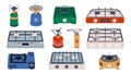 Cartoon flat gas stoves. Camping and household hobs, propane fuel balloons, outdoor cooking devices, expedition kitchen