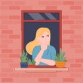 Cartoon flat girl admires the view from the window