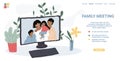 Cartoon flat happy family characters on screen in video conference communication,vector landing page social concept Royalty Free Stock Photo